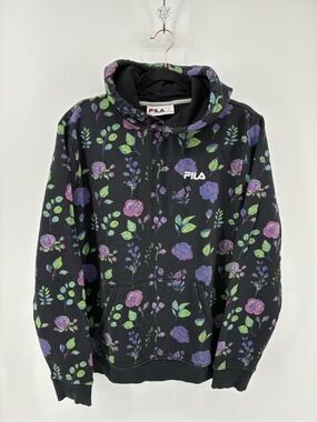 FILA Black Floral Hoodie - Pink, Purple & Green Print